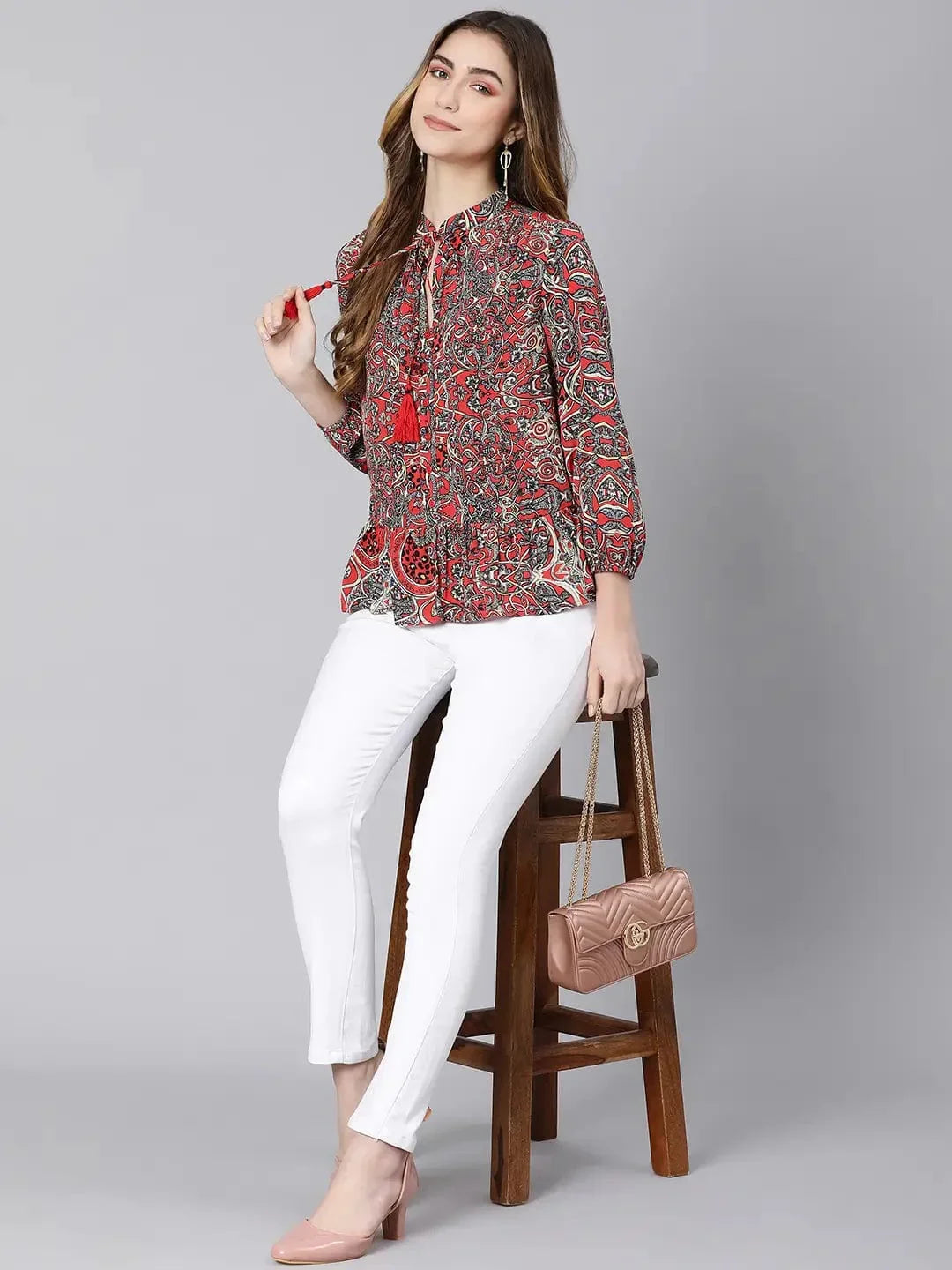 Passe Red Tropical Print Women Top - oxolloxo