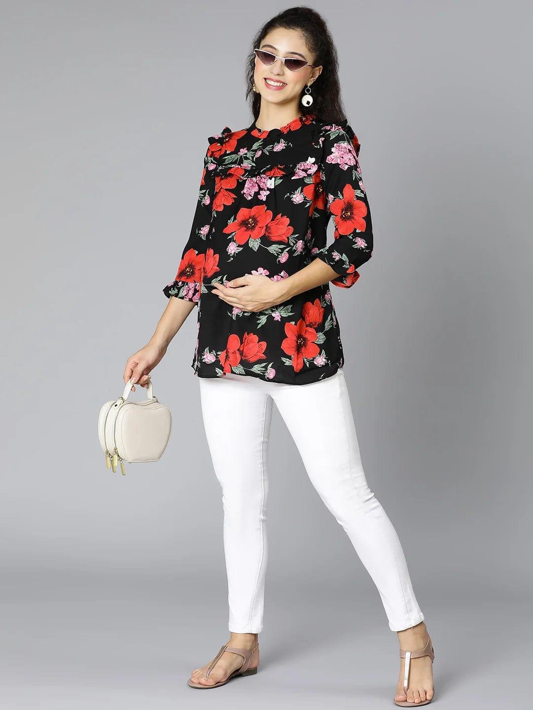 Queen Black Floral Print Maternity Women Top For Expecting