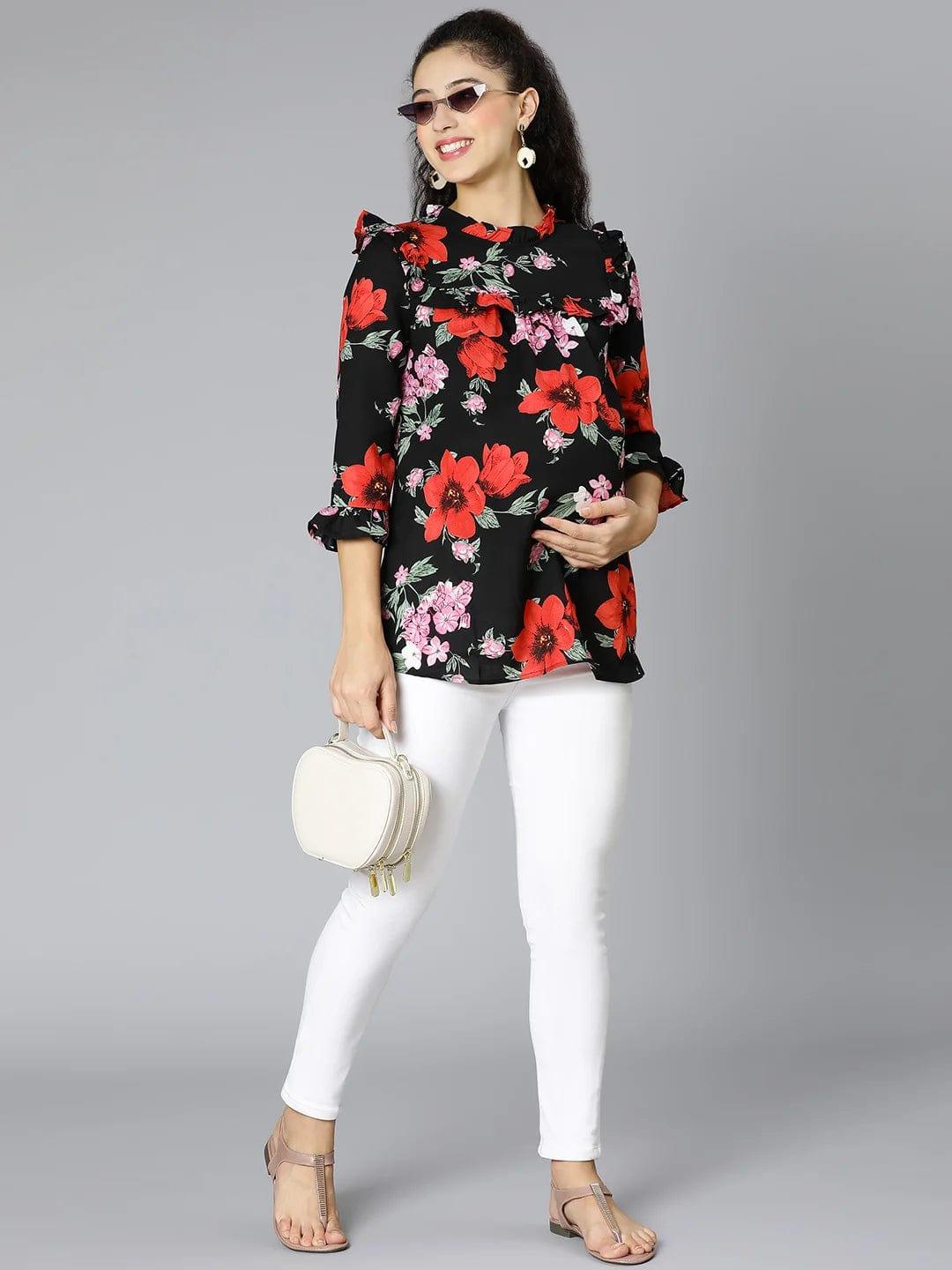Queen Black Floral Print Maternity Women Top For Expecting