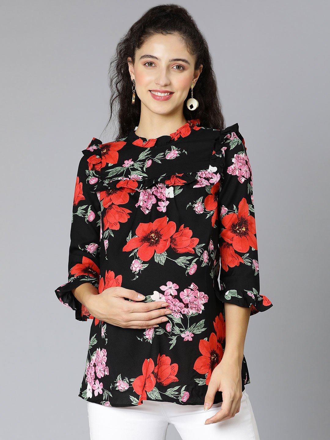 Queen Black Floral Print Maternity Women Top For Expecting