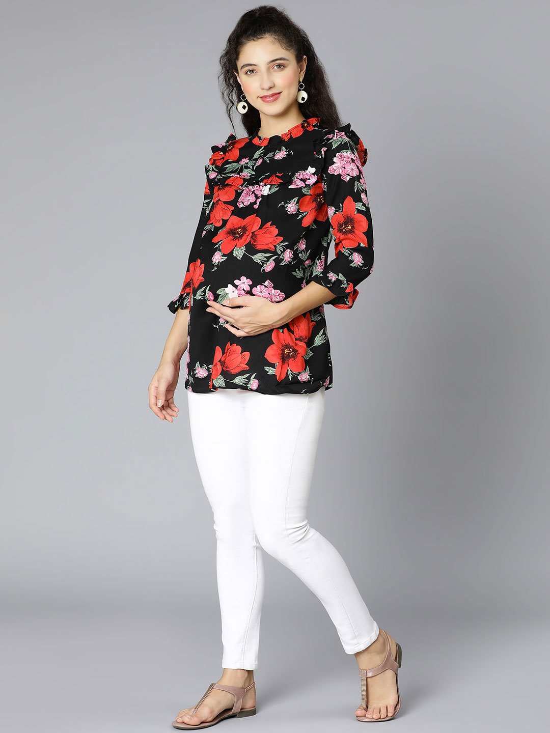 Queen Black Floral Print Maternity Women Top For Expecting