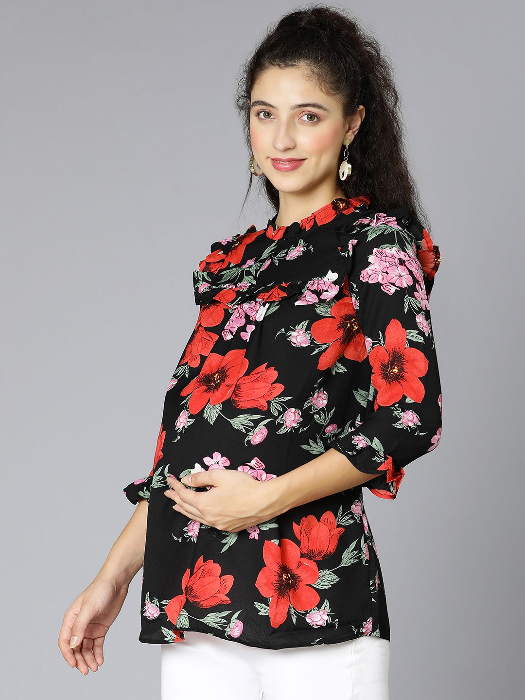 Queen Black Floral Print Maternity Women Top For Expecting