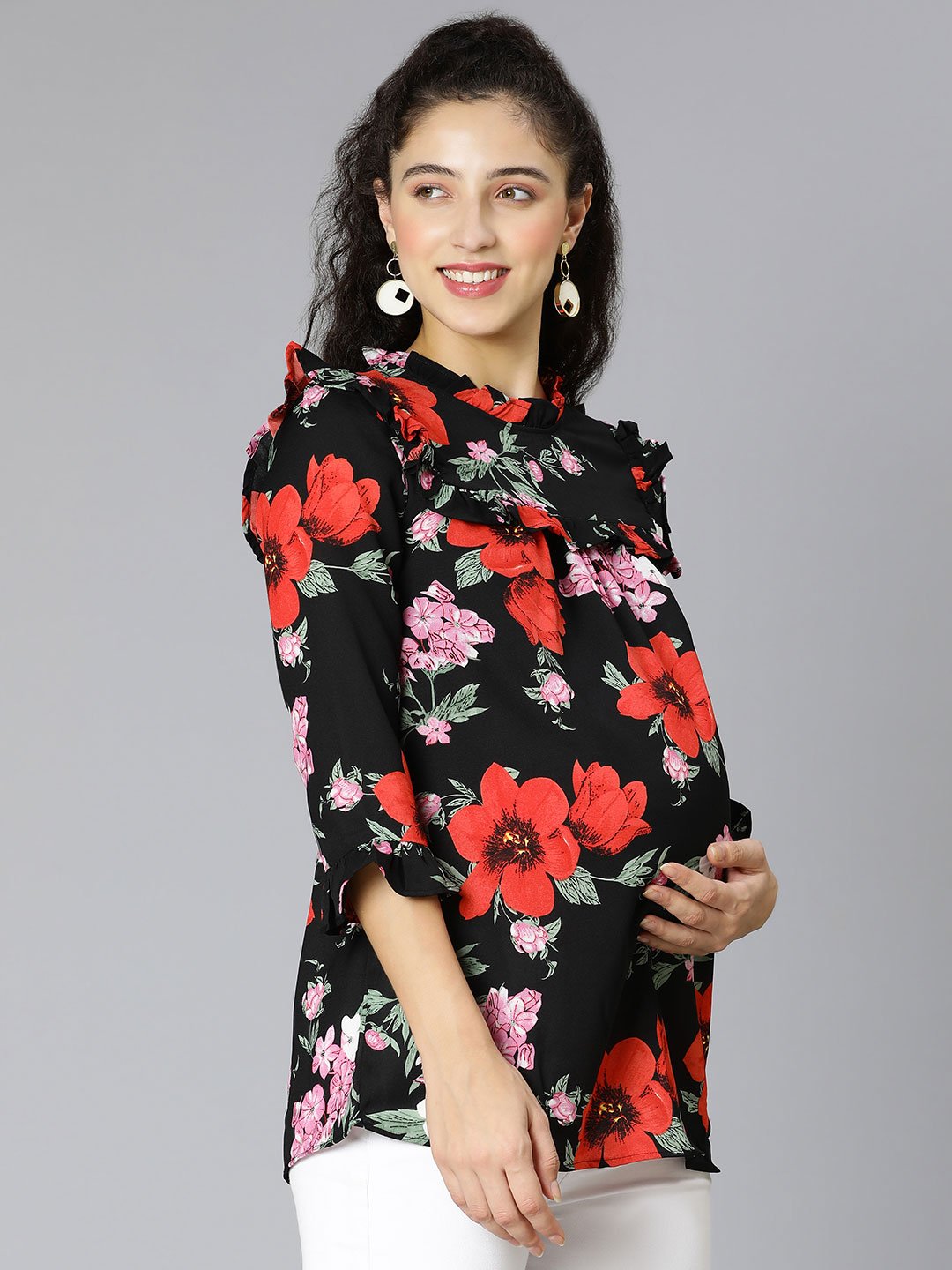 Queen Black Floral Print Maternity Women Top For Expecting