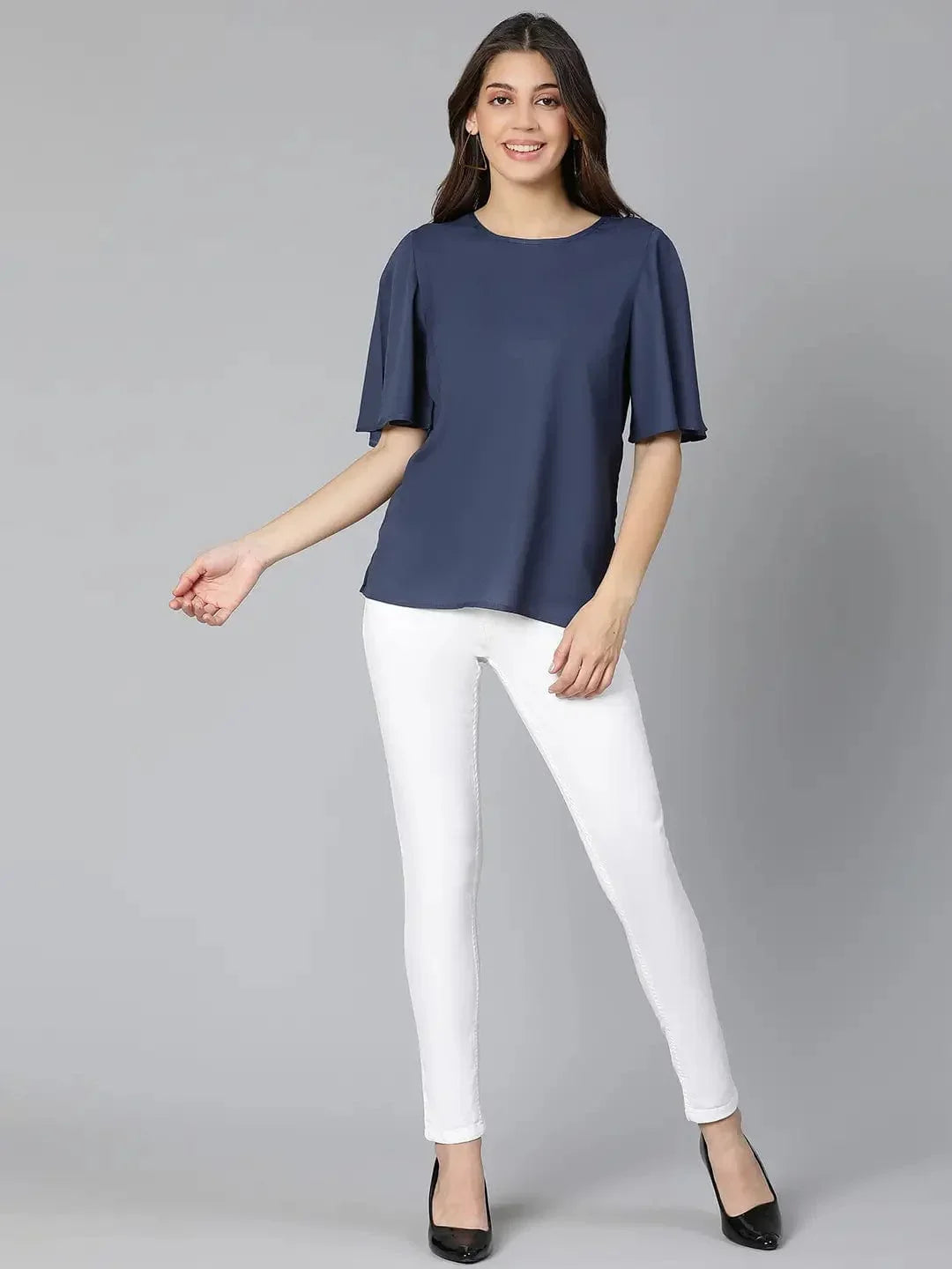 Talc Splid Blue Partywear Women Top - oxolloxo
