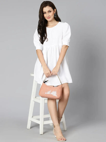 White Pearl Gathered Details Linen Women Dress For Summer