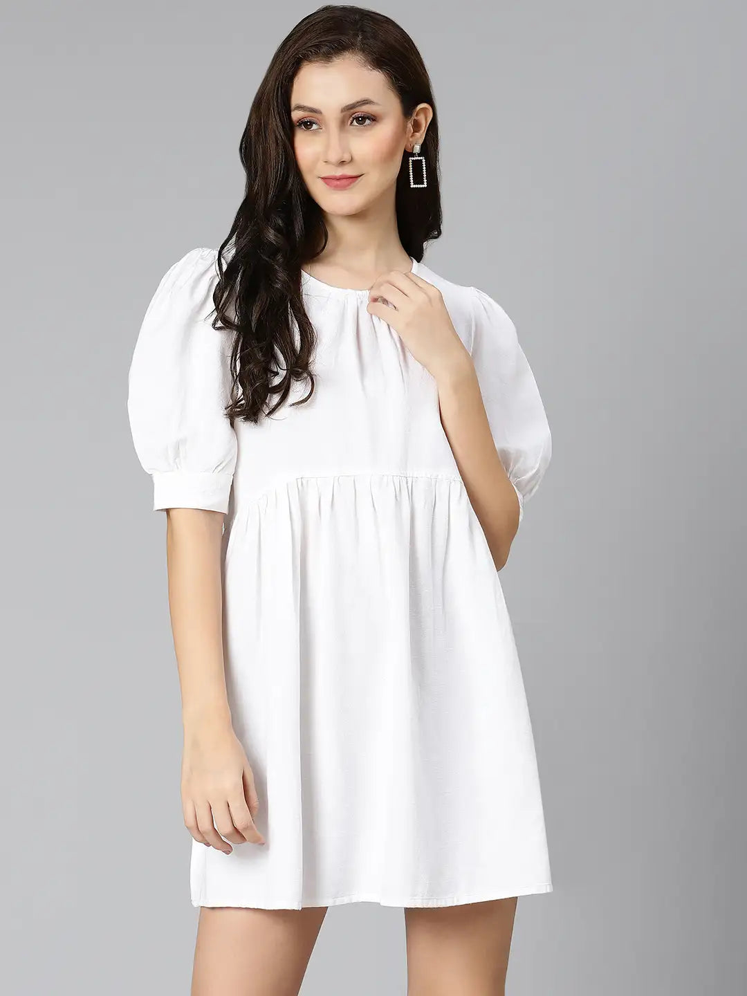 White Pearl Gathered Details Linen Women Dress For Summer