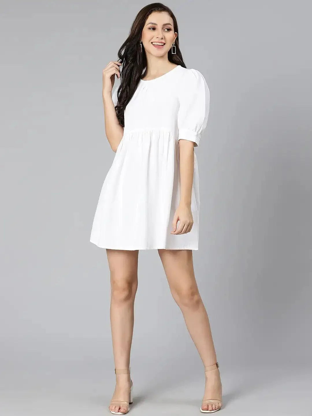 White Pearl Gathered Details Linen Women Dress For Summer - oxolloxo