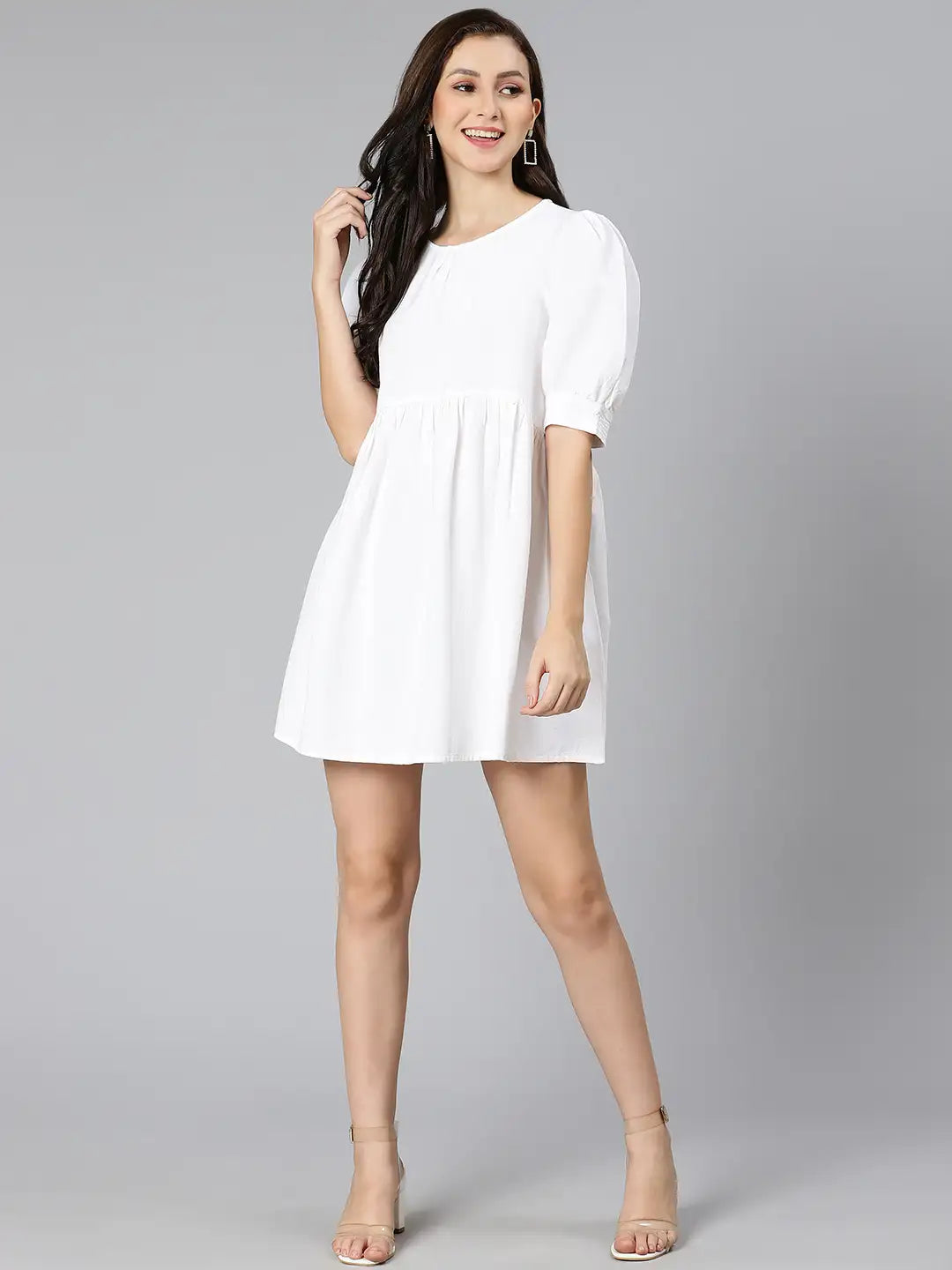 White Pearl Gathered Details Linen Women Dress For Summer