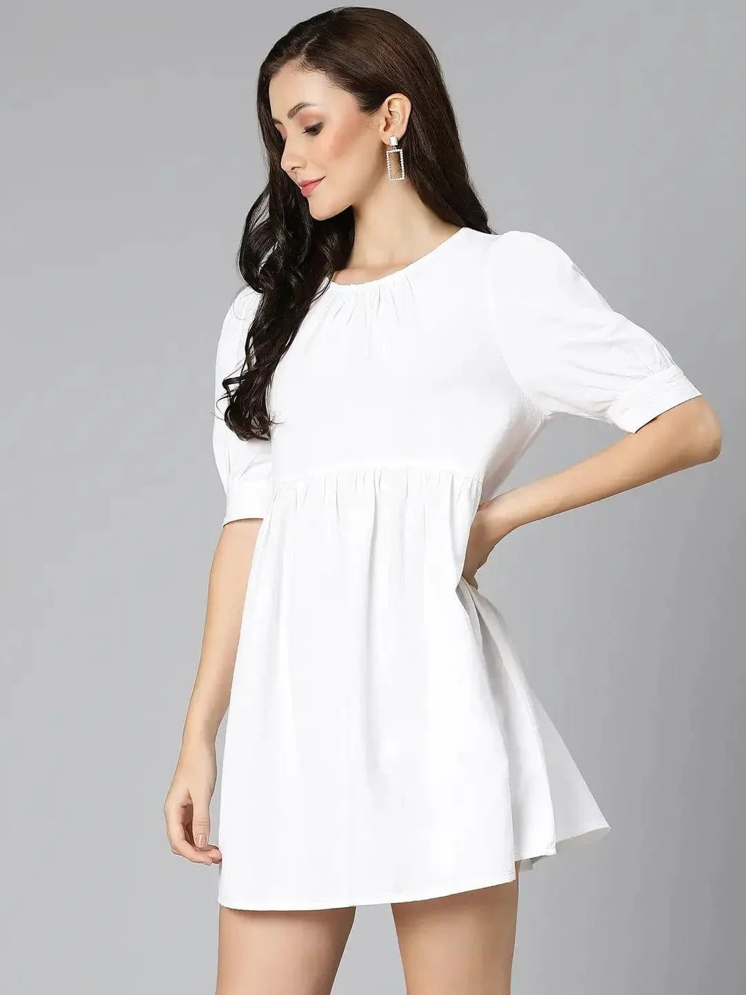 White Pearl Gathered Details Linen Women Dress For Summer - oxolloxo