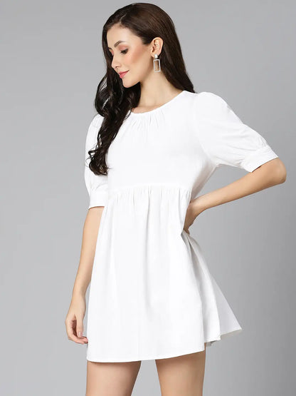 White Pearl Gathered Details Linen Women Dress For Summer