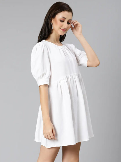 White Pearl Gathered Details Linen Women Dress For Summer