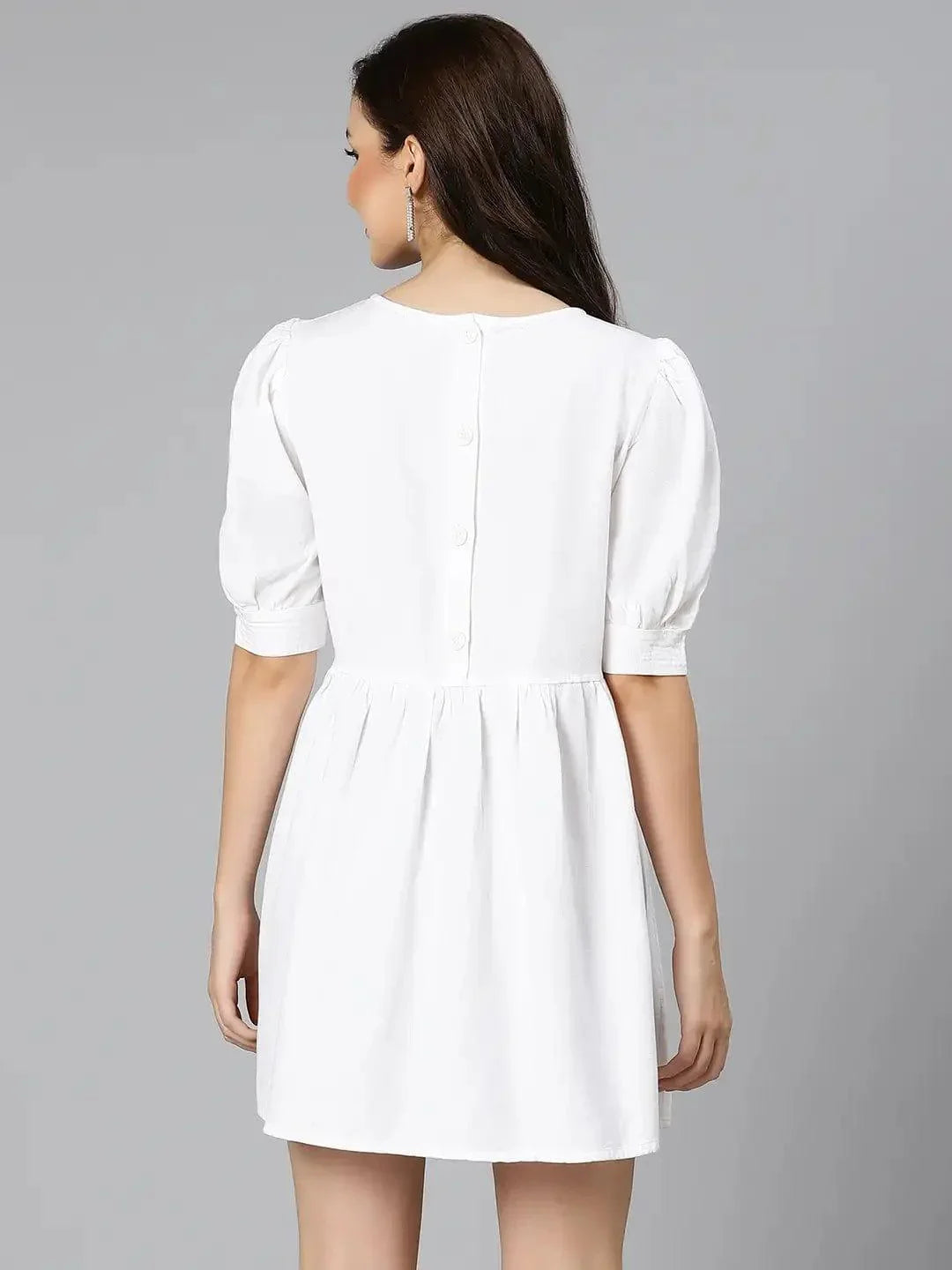 White Pearl Gathered Details Linen Women Dress For Summer - oxolloxo