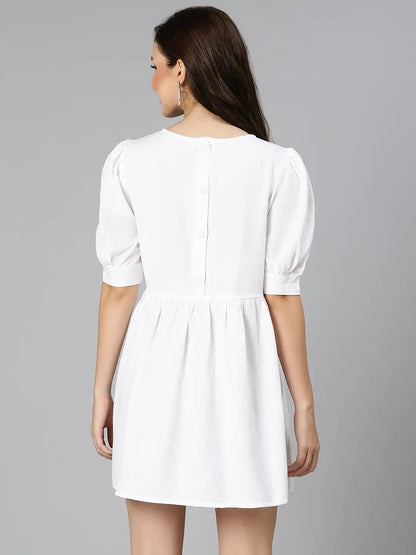 White Pearl Gathered Details Linen Women Dress For Summer