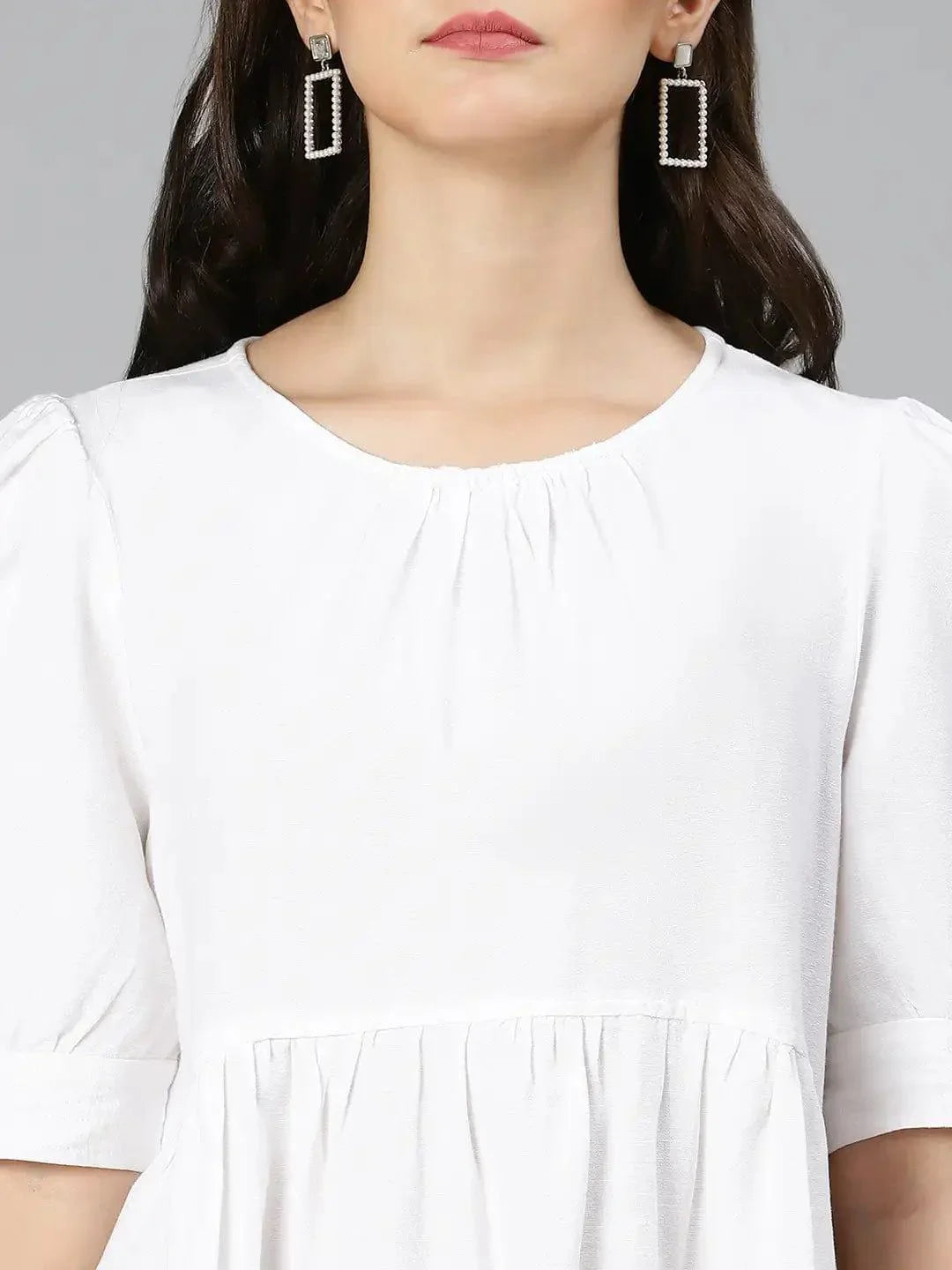 White Pearl Gathered Details Linen Women Dress For Summer - oxolloxo