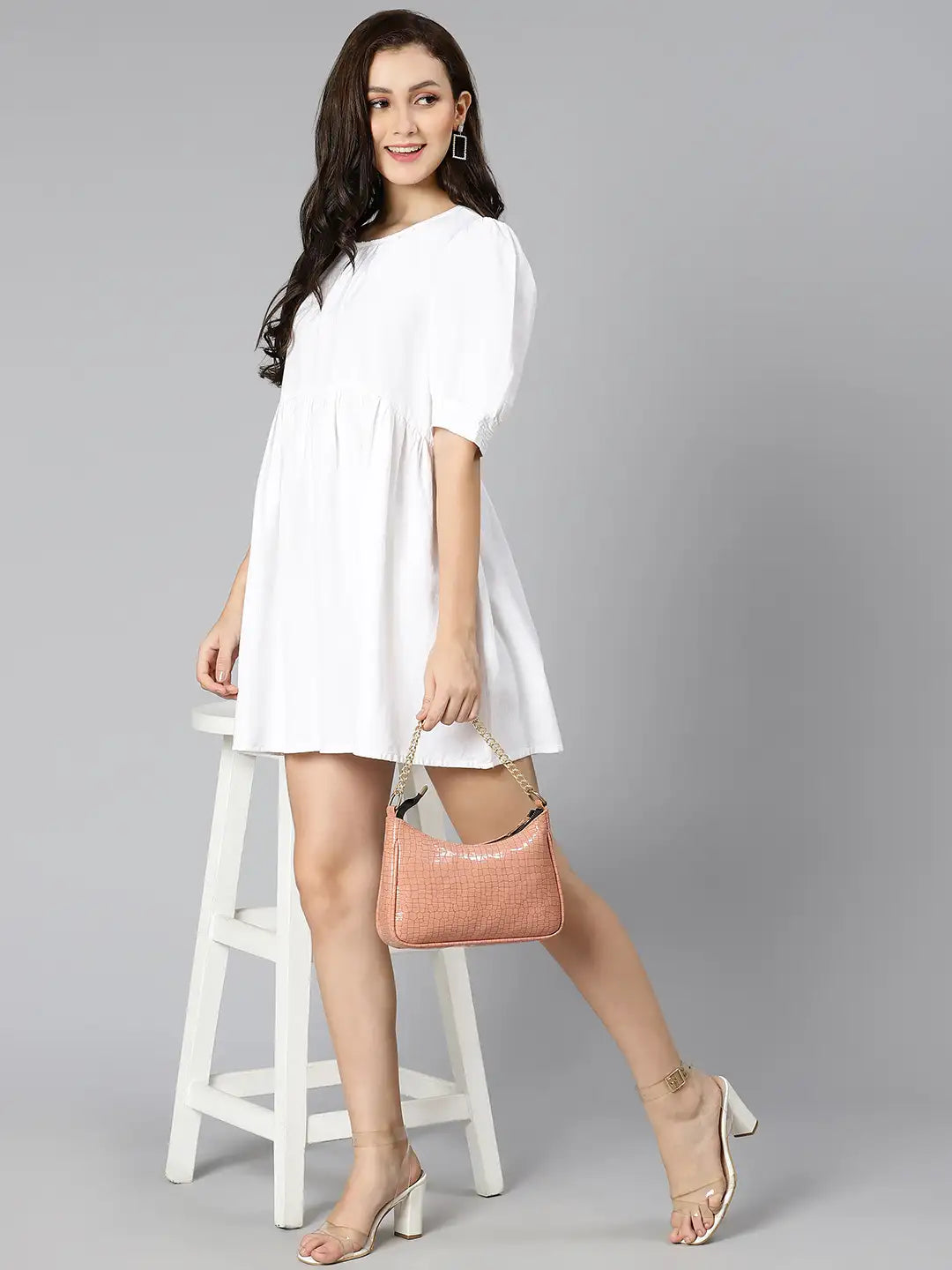 White Pearl Gathered Details Linen Women Dress For Summer