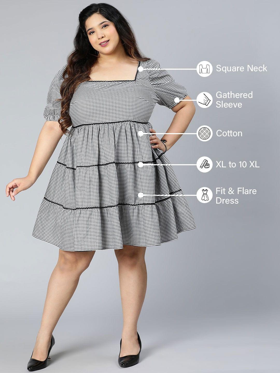 Silver Grey Check Print Plus Size Curvy Dress For You