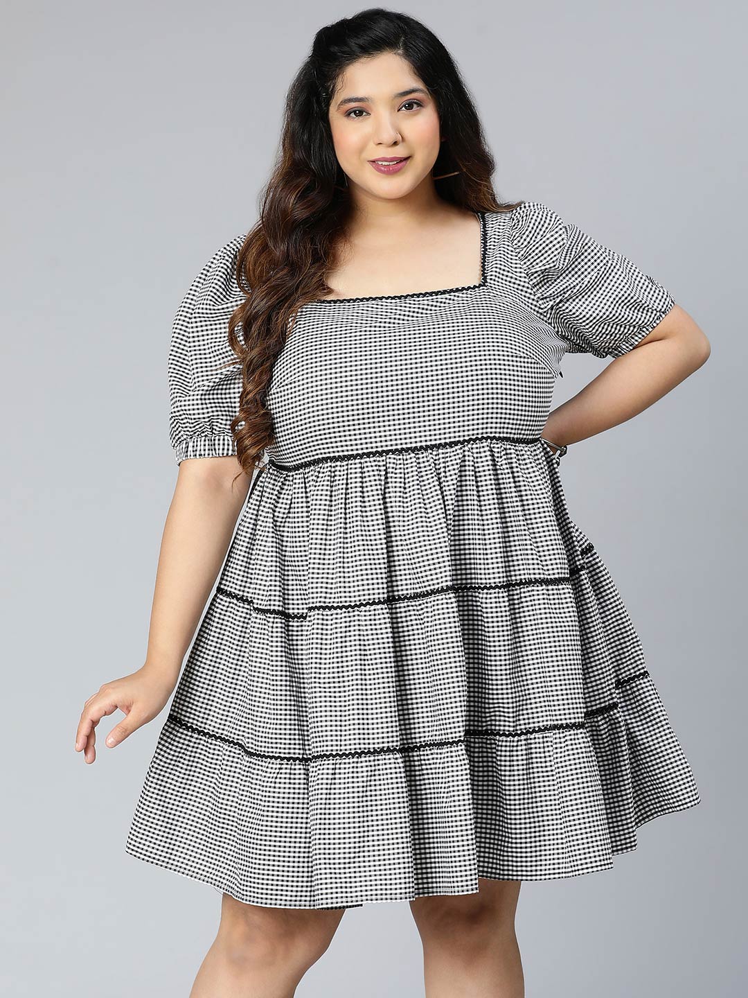 Silver Grey Check Print Plus Size Dress For You