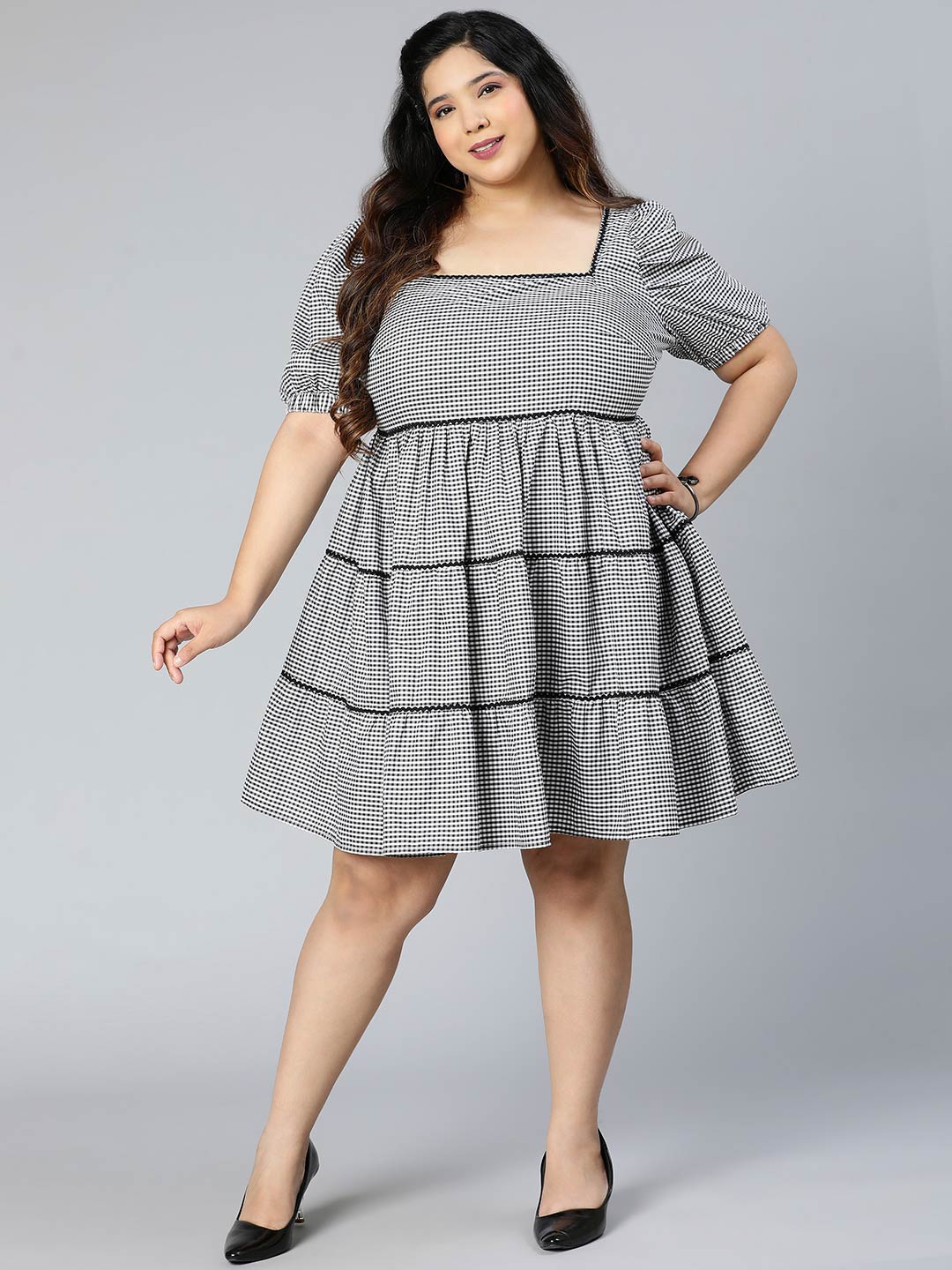 Silver Grey Check Print Plus Size Dress For You