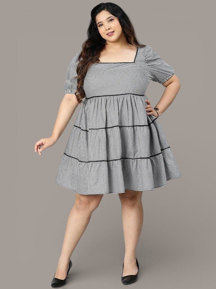 Silver Grey Check Print Plus Size Curvy Dress For You