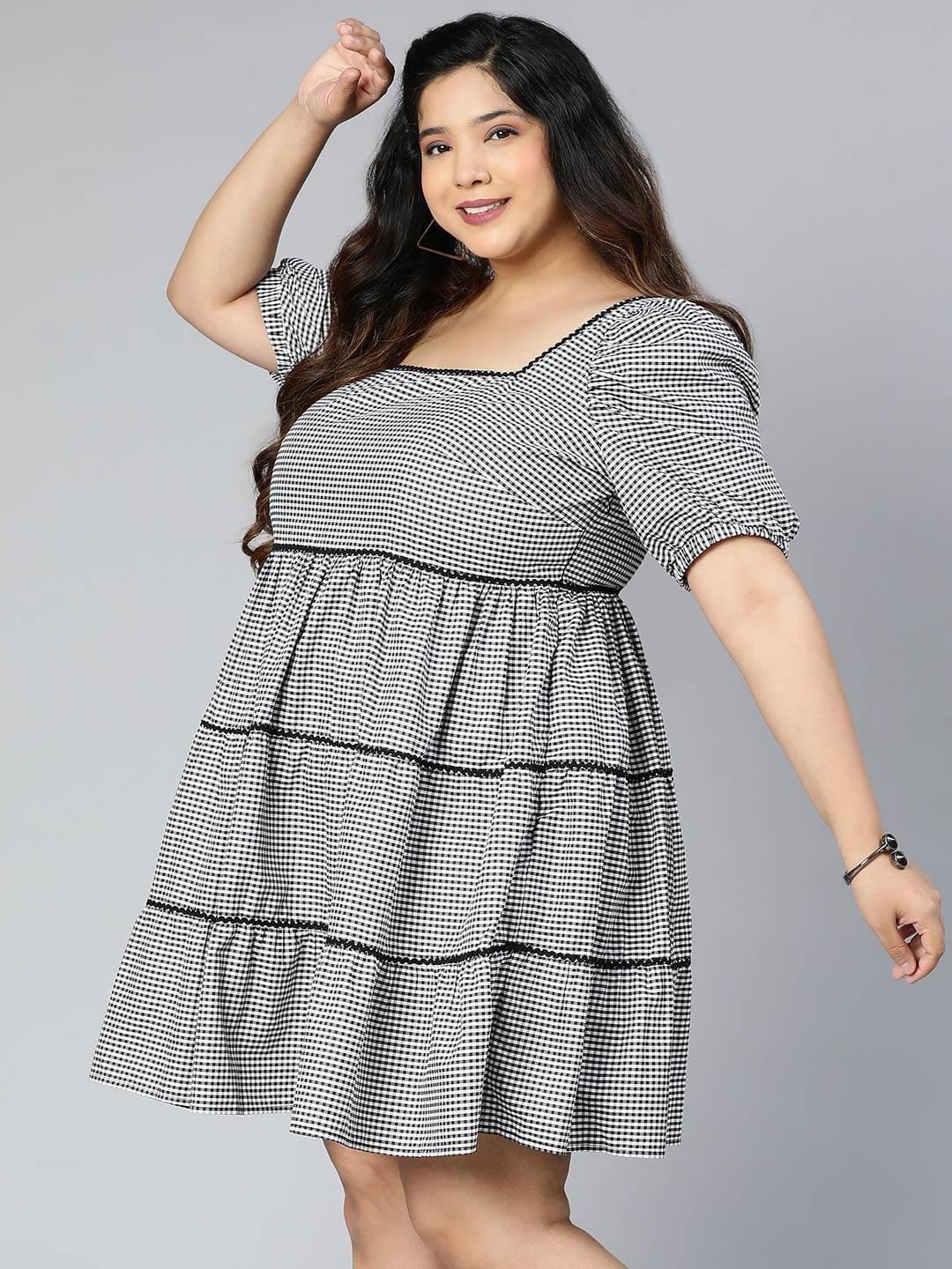 Silver Grey Check Print Plus Size Curvy Dress For You