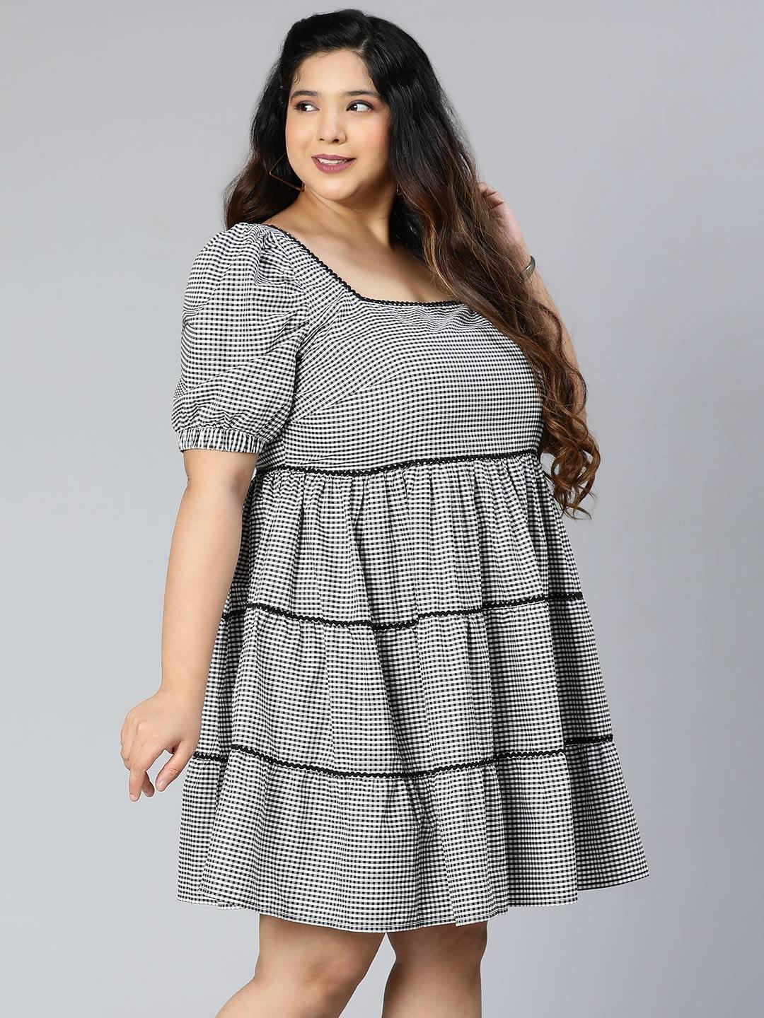 Silver Grey Check Print Plus Size Curvy Dress For You