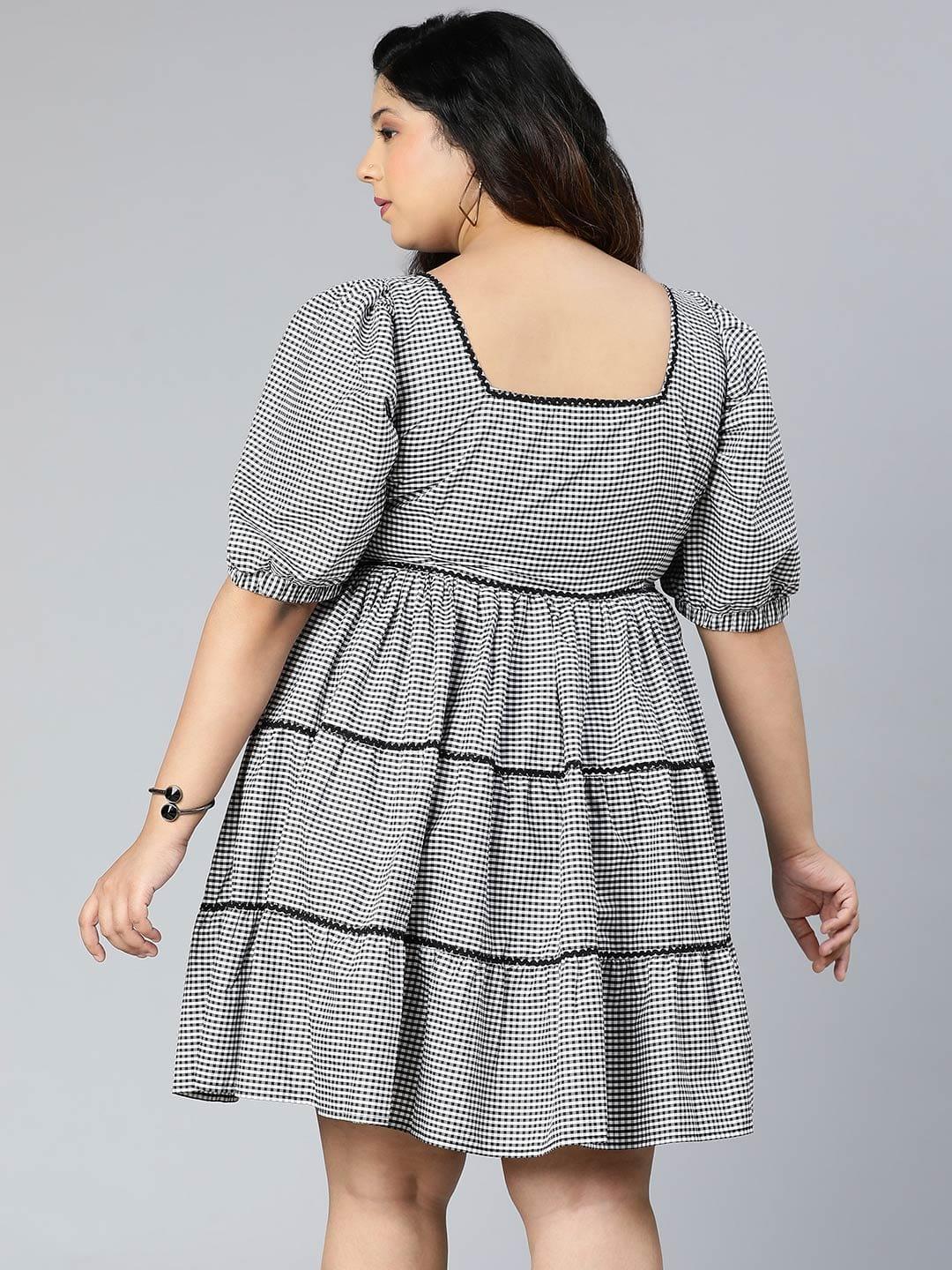 Silver Grey Check Print Plus Size Curvy Dress For You