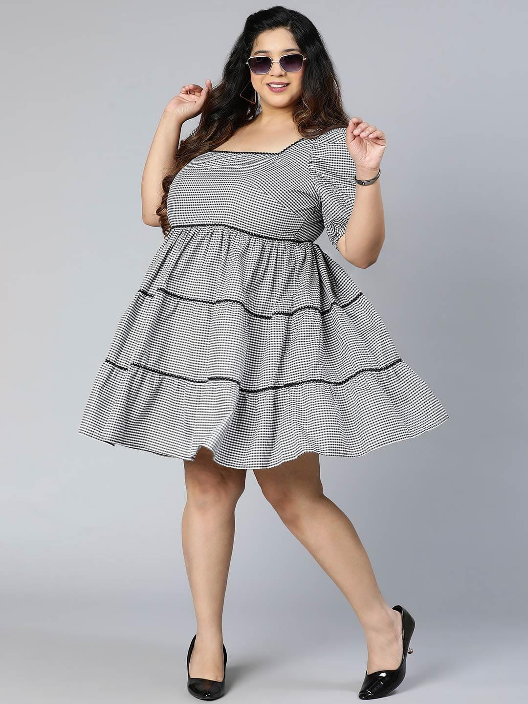 Silver Grey Check Print Plus Size Curvy Dress For You