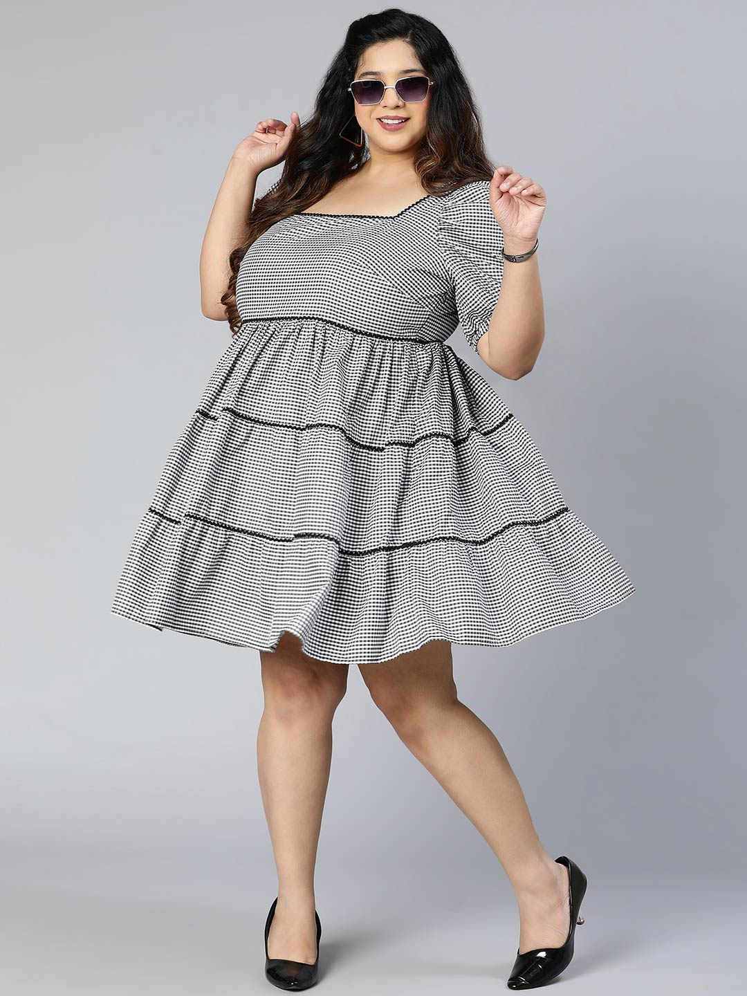 Silver Grey Check Print Plus Size Dress For You