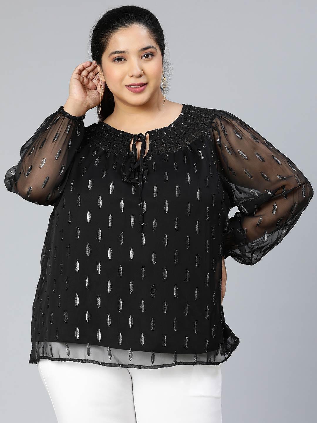 Winky Black Lurex Print Plus Size Party Wear Loopy Top