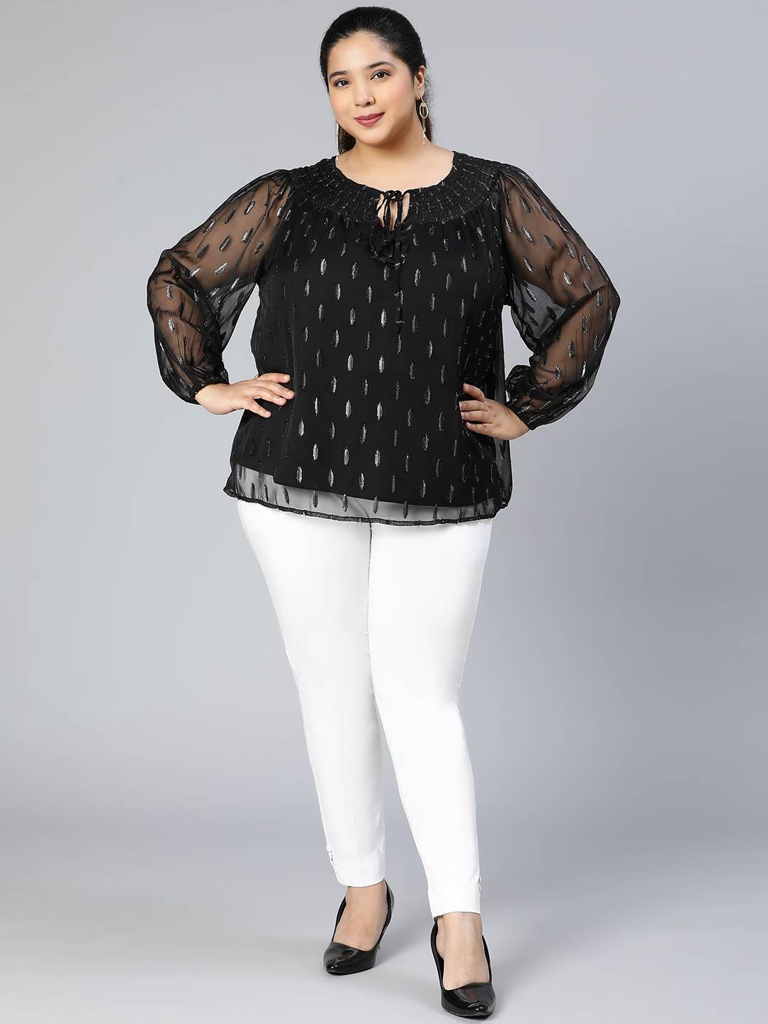 Winky Black Lurex Print Plus Size Party Wear Loopy Top