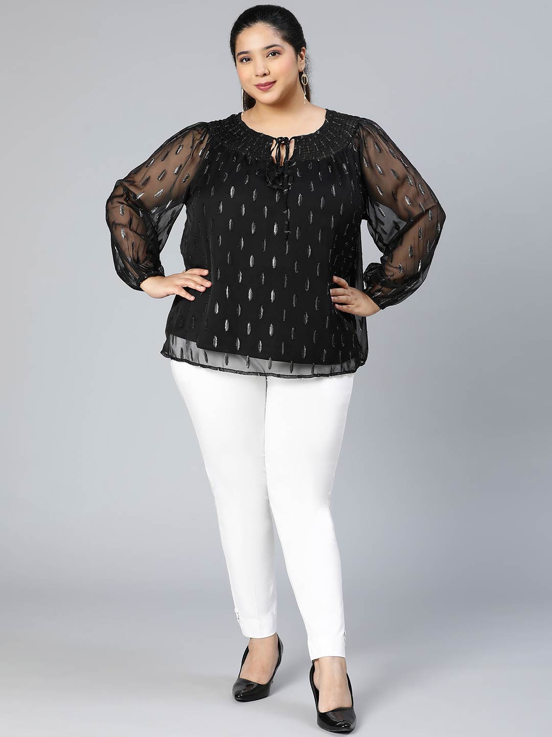 Winky Black Lurex Print Plus Size Party Wear Top