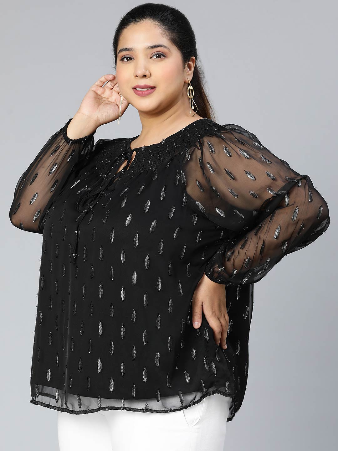 Winky Black Lurex Print Plus Size Party Wear Top