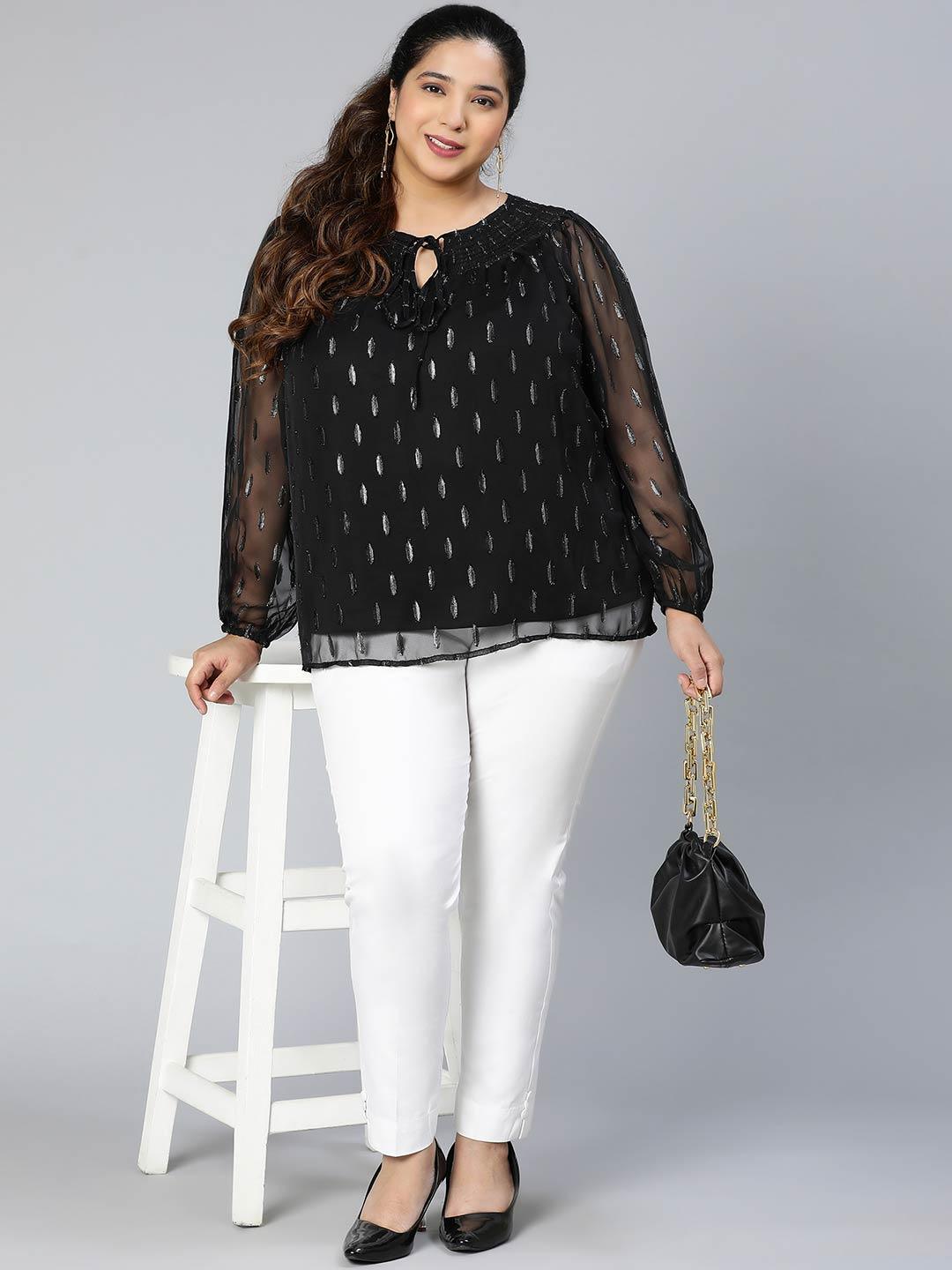 Winky Black Lurex Print Plus Size Party Wear Loopy Top