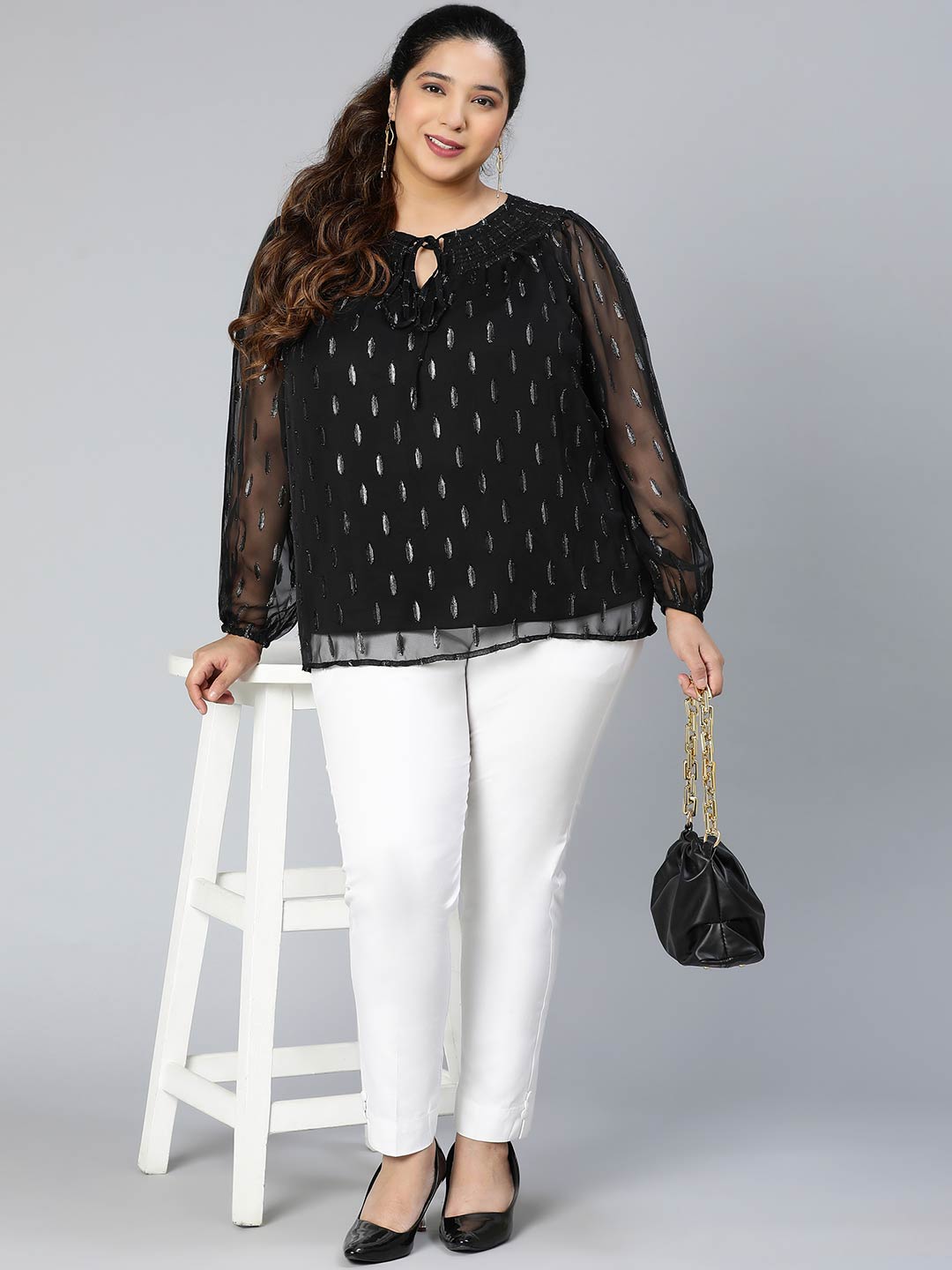 Winky Black Lurex Print Plus Size Party Wear Top