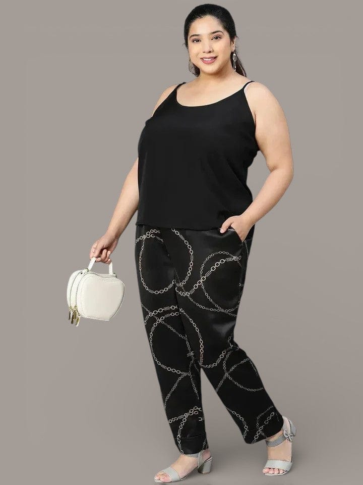 Printed Black Color Elsaticated Plus Size Women Pant