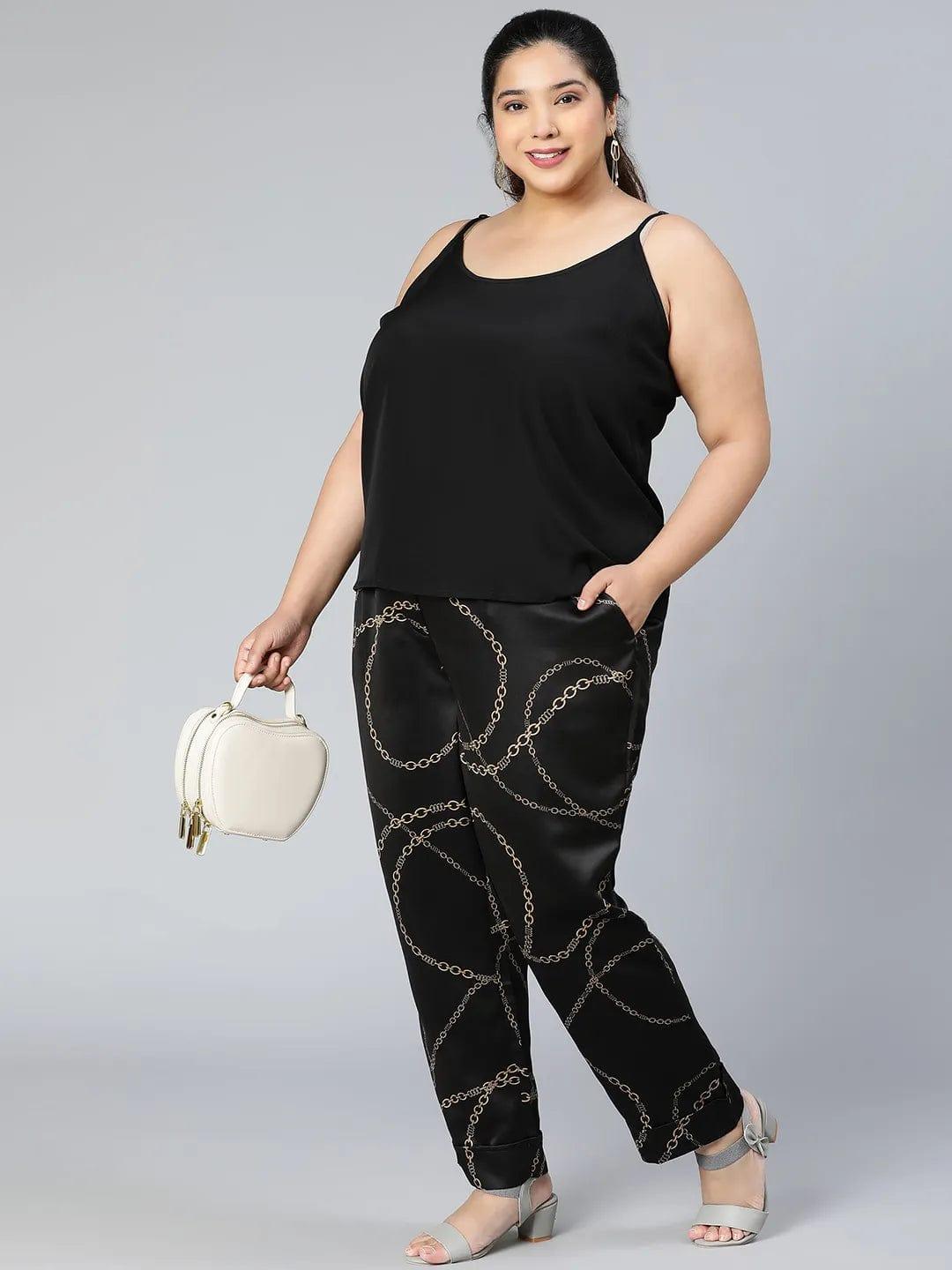 Printed Black Color Elsaticated Plus Size Women Pant