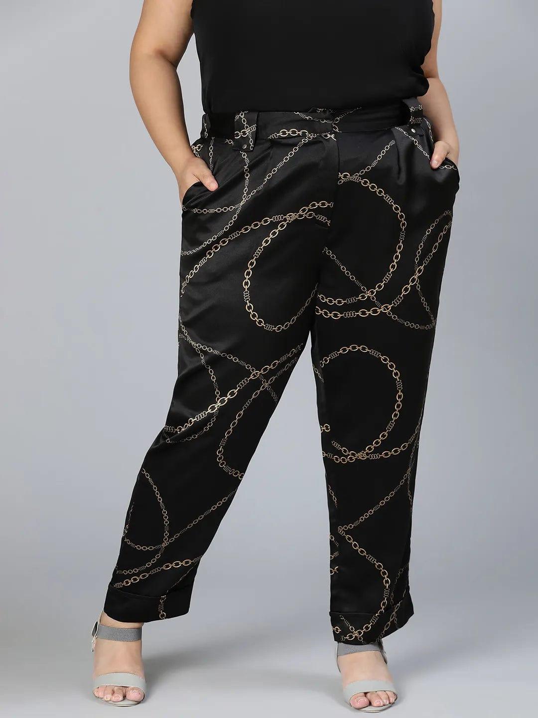 Printed Black Color Elsaticated Plus Size Women Pant