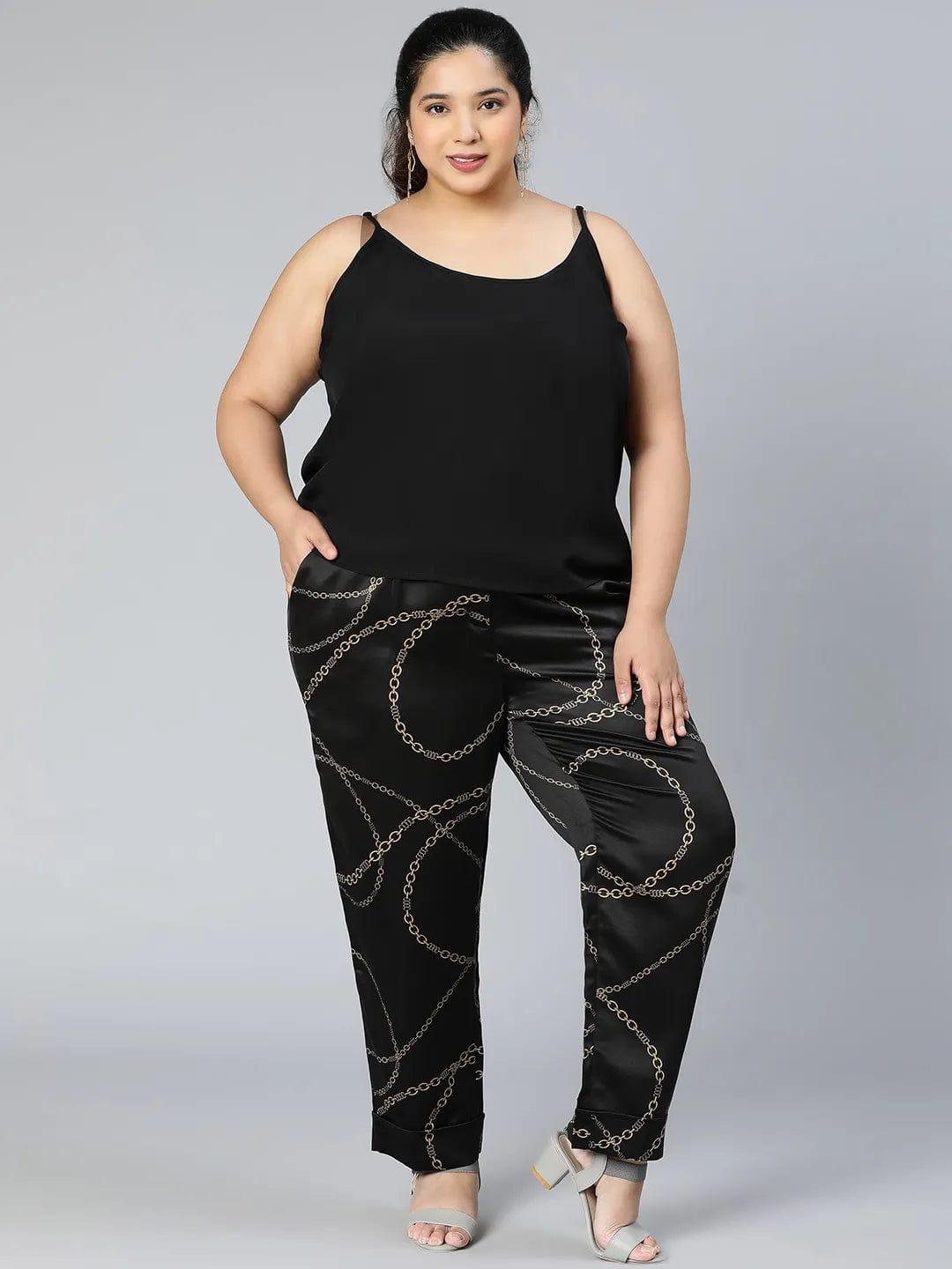 Printed Black Color Elsaticated Plus Size Women Pant