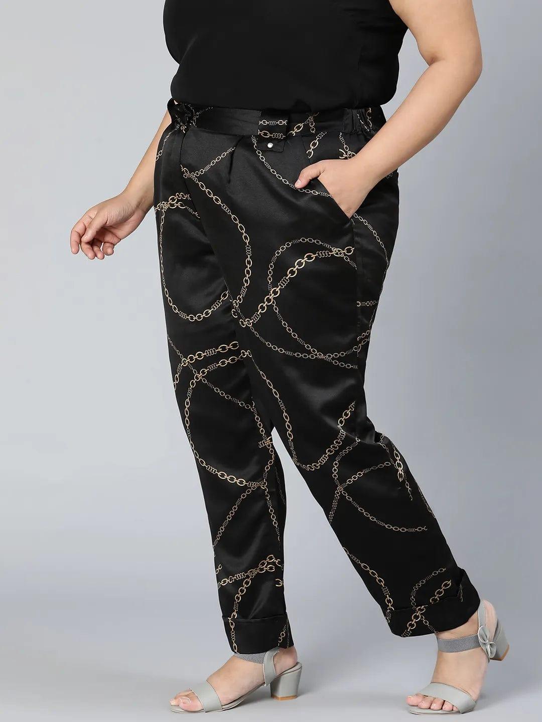 Printed Black Color Elsaticated Plus Size Women Pant