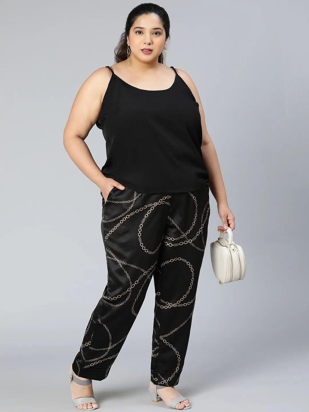 Printed Black Color Elsaticated Plus Size Women Pant