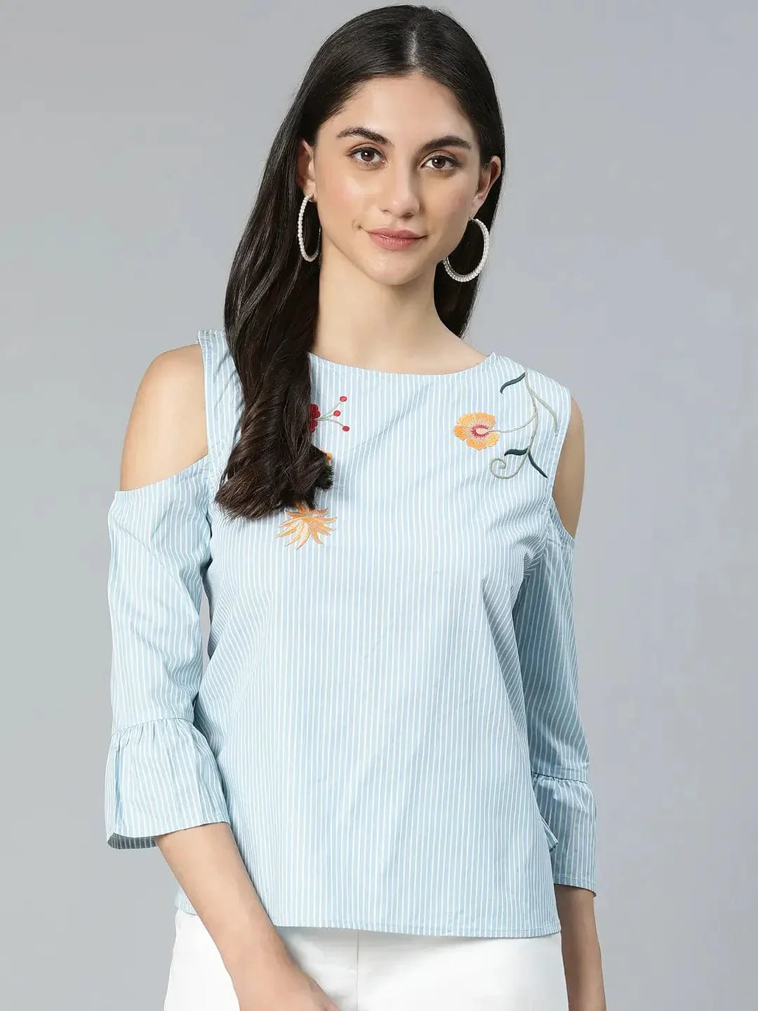 Windy Blue Stripe & Embroidered Cold Shoulder Women Top - oxolloxo