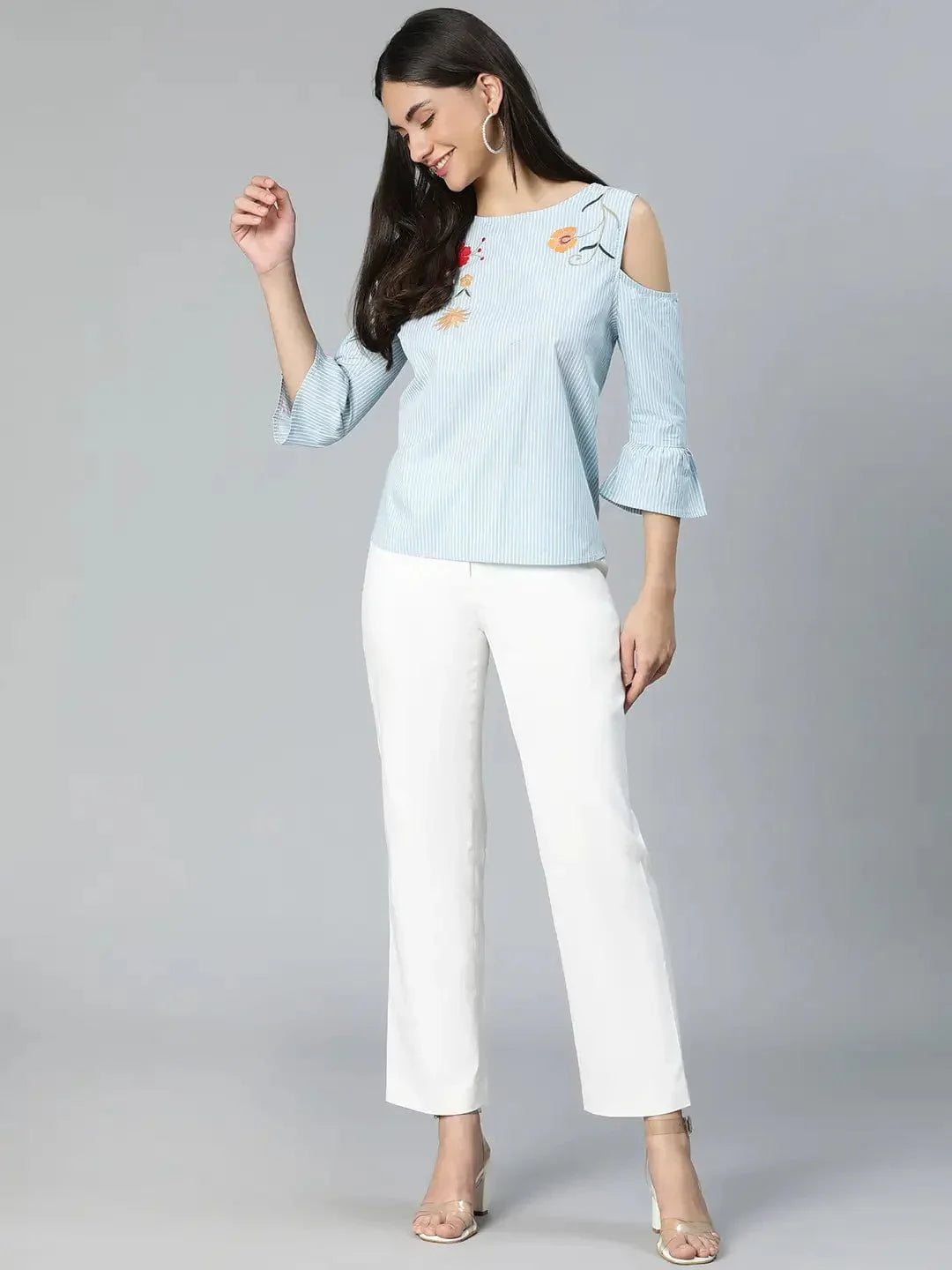 Windy Blue Stripe & Embroidered Cold Shoulder Women Top - oxolloxo