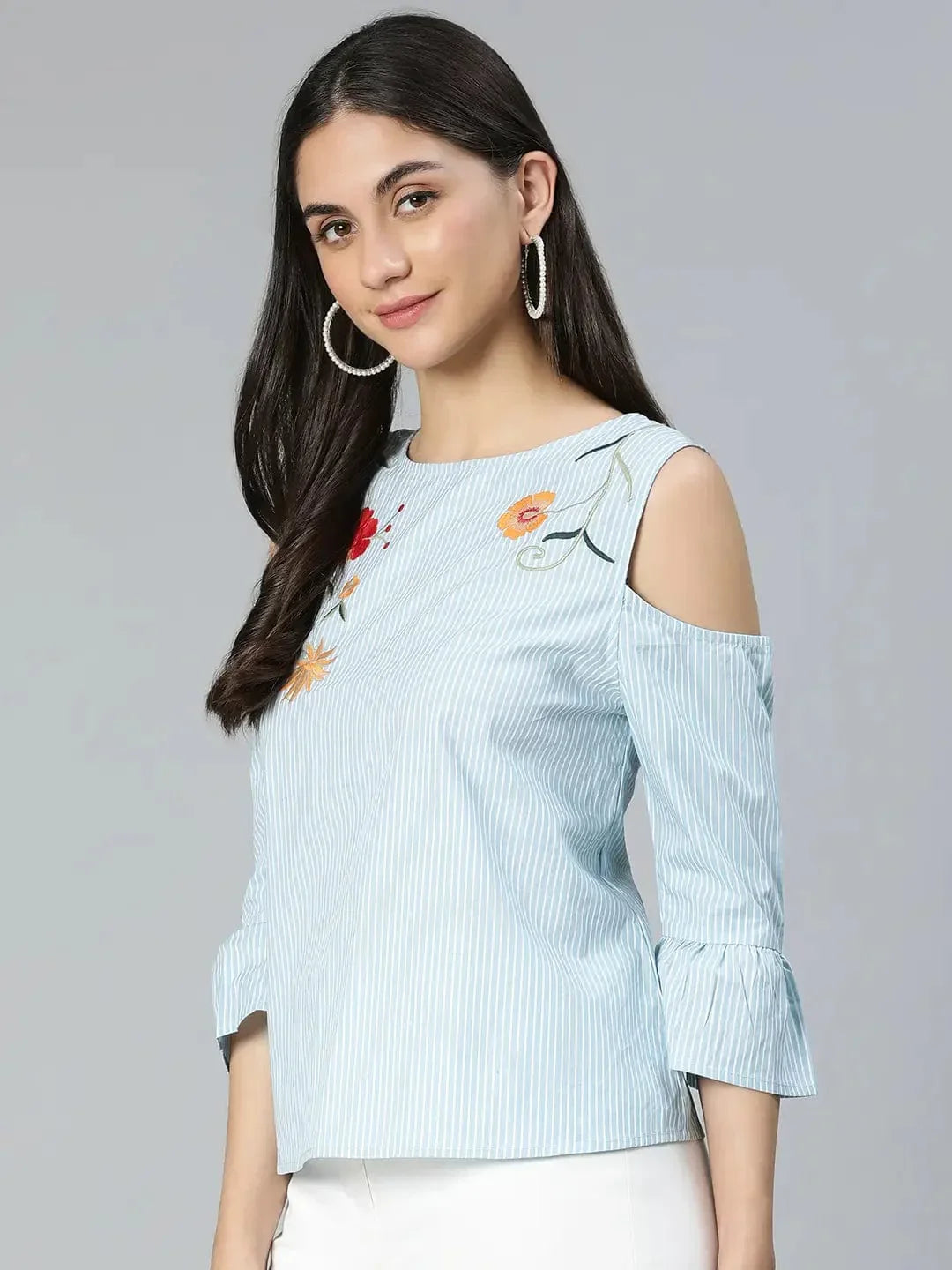 Windy Blue Stripe & Embroidered Cold Shoulder Women Top - oxolloxo