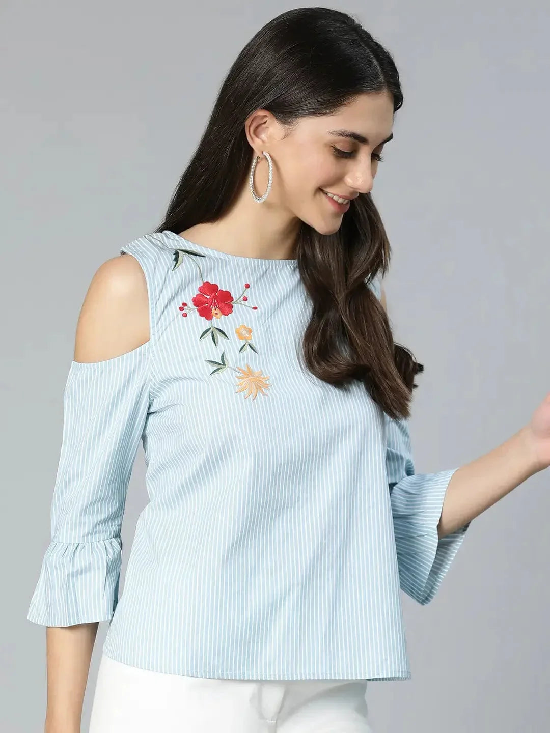 Windy Blue Stripe & Embroidered Cold Shoulder Women Top - oxolloxo