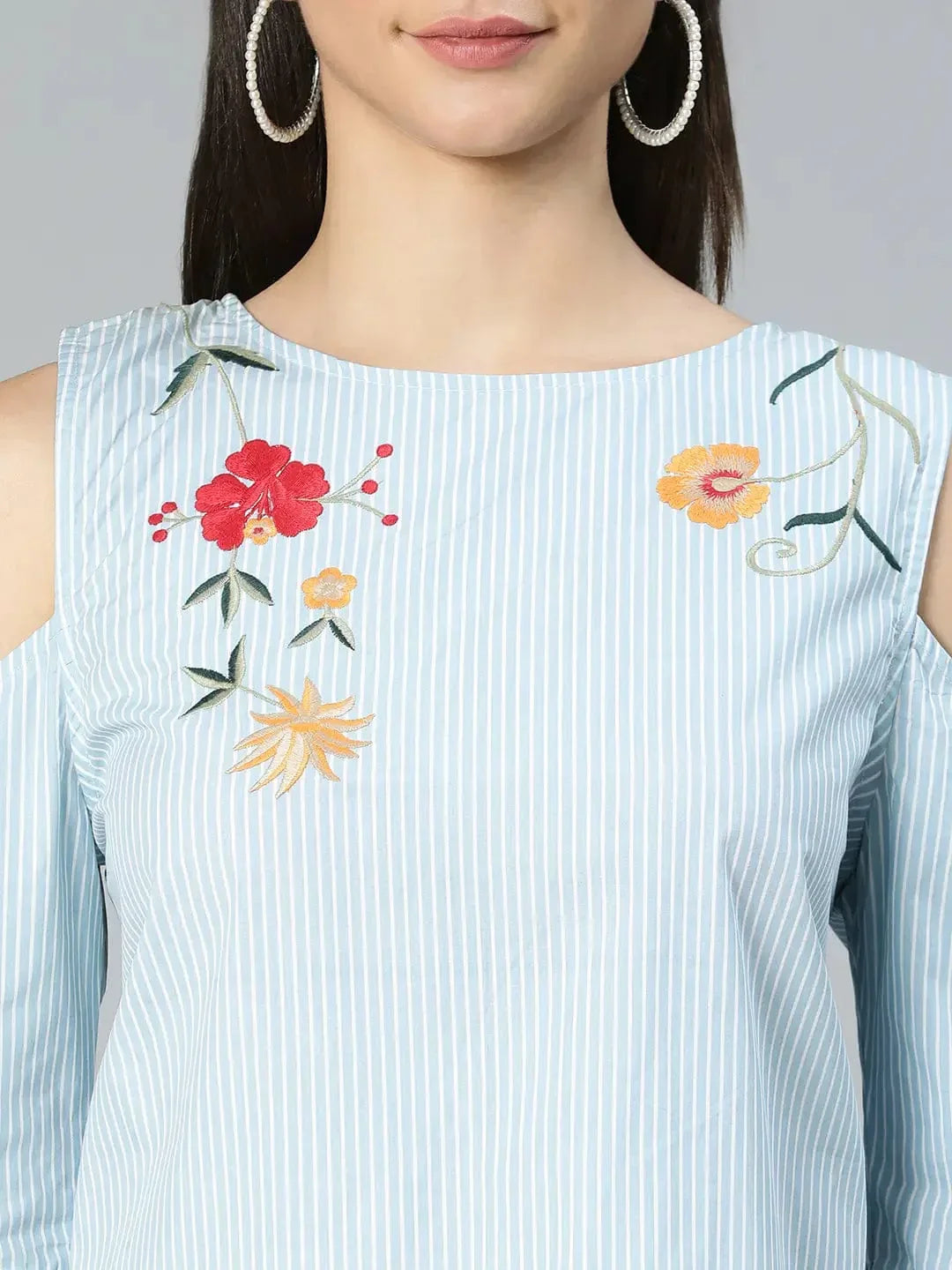 Windy Blue Stripe & Embroidered Cold Shoulder Women Top - oxolloxo