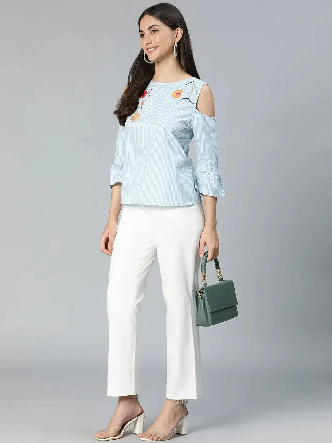 Windy Blue Stripe & Embroidered Cold Shoulder Women Top - oxolloxo