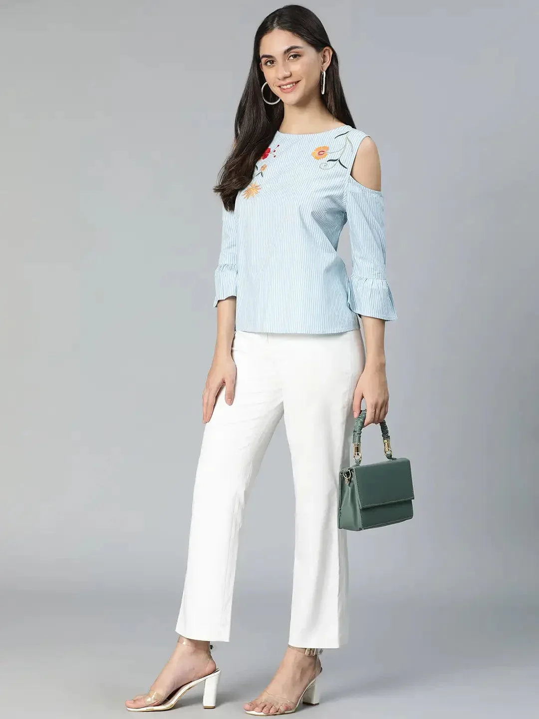 Windy Blue Stripe & Embroidered Cold Shoulder Women Top - oxolloxo