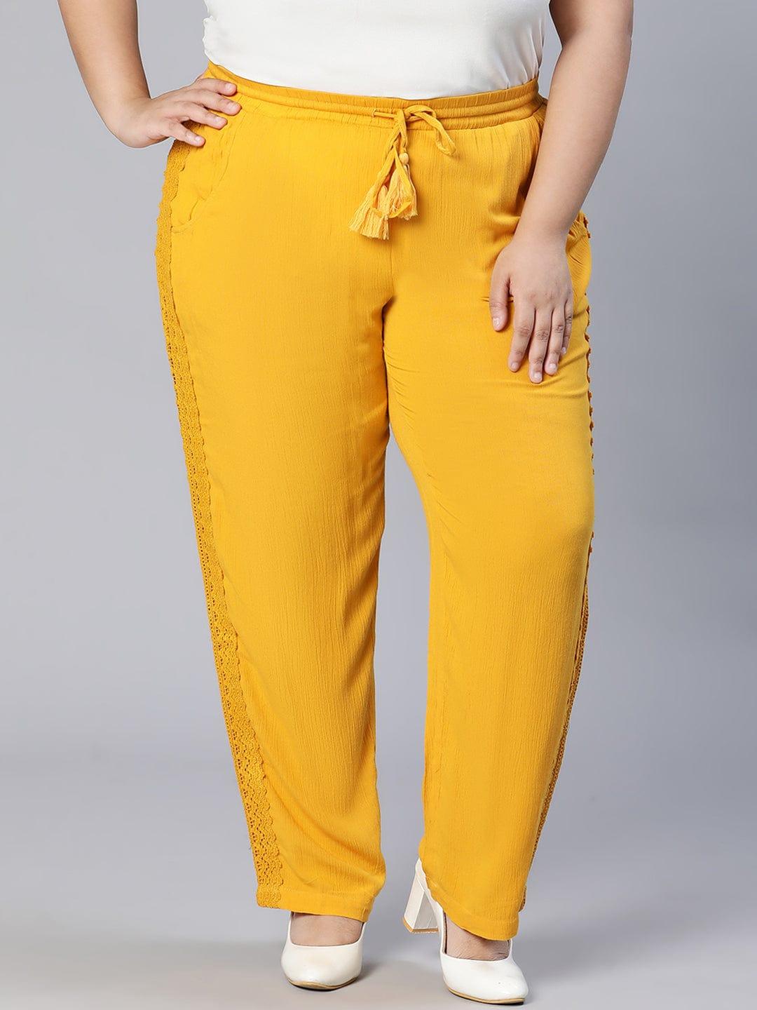 Season Yellow Tie-knotted Laced Women Plus Size Pant