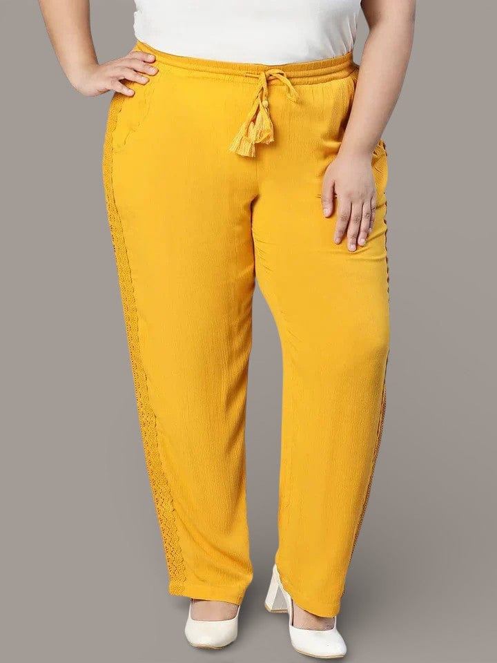 Season Yellow Tie-knotted Laced Women Plus Size Pant