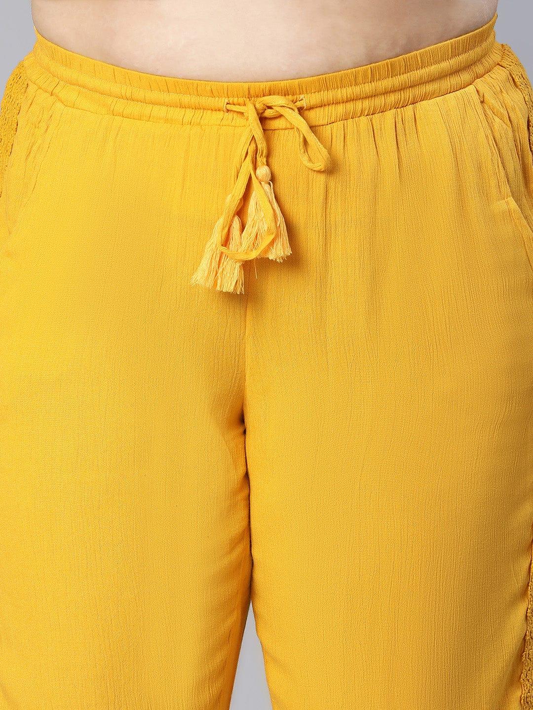 Season Yellow Tie-knotted Laced Women Plus Size Pant